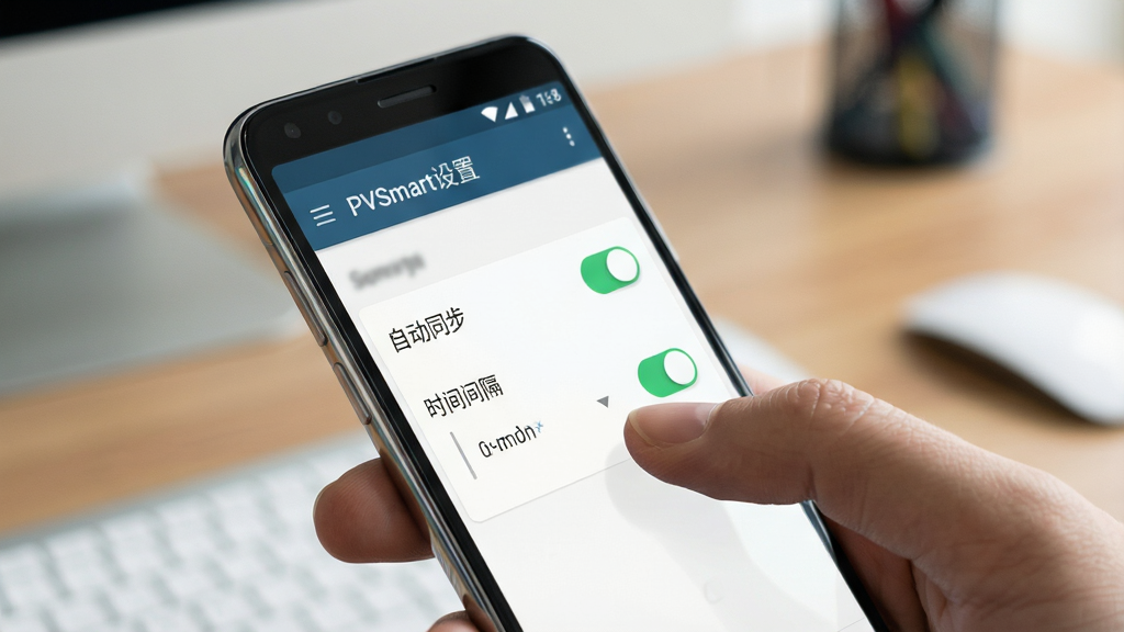 主体为一只手拿着一部安卓手机,手机屏幕上显示PVSmart软件的后台同步设置界面,界面中有“自动同步”开关与时间间隔选项。布局为手机特写,背景是模糊的办公桌面。排版突出设置选项。风格为写实生活化。细节:手机边缘有轻微反光,屏幕内文字清晰显示“PVSmart设置”,手指正点击开关按钮。画质为4K,干净无多余元素。