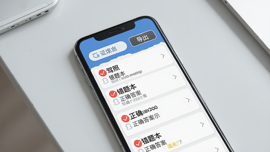一张展示驾照APP错题本界面的图片,手机屏幕上显示错题列表,每条错题带有红色标记和正确答案提示,顶部有筛选和导出按钮。背景是简约的浅灰色桌面,风格清新,画质干净,图片中文字包含“驾照”和“错题本”字样。