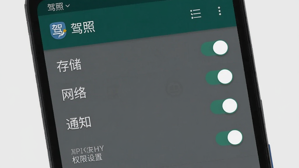 一张展示驾照APP安装权限设置界面的图片,手机屏幕显示安卓系统的应用权限管理页面,包含存储、网络、通知等权限开关。背景是纯色浅灰,风格简洁,画质清晰,图片中文字包含“驾照”和“权限设置”字样。