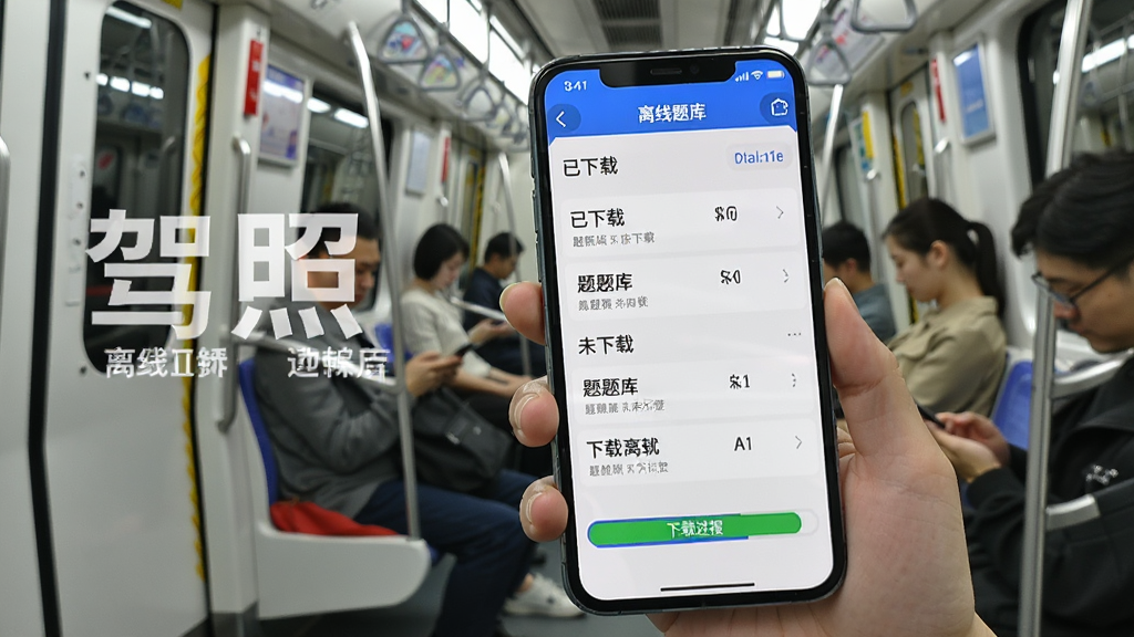 一张展示驾照APP离线下载功能的图片,手机屏幕显示题库下载管理界面,有已下载和未下载的题库列表,旁边有下载进度条。背景是地铁车厢内,乘客拿着手机学习,风格生活化,画质清晰,图片中文字包含“驾照”和“离线题库”字样。