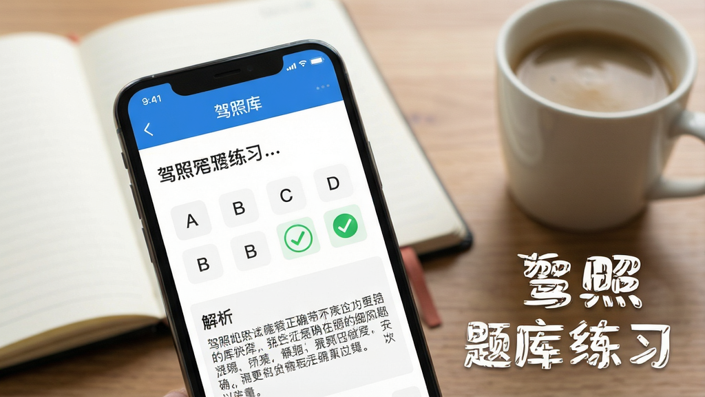 一张展示驾照APP题库练习界面的图片,画面主体是手机屏幕,显示一道科目一选择题,题干下方有A、B、C、D四个选项,用户选中正确答案后显示绿色对勾,下方有详细的题目解析文字。背景是书桌场景,旁边放着一本笔记本和一杯咖啡,风格写实,画质干净,图片中文字包含“驾照”和“题库练习”字样。