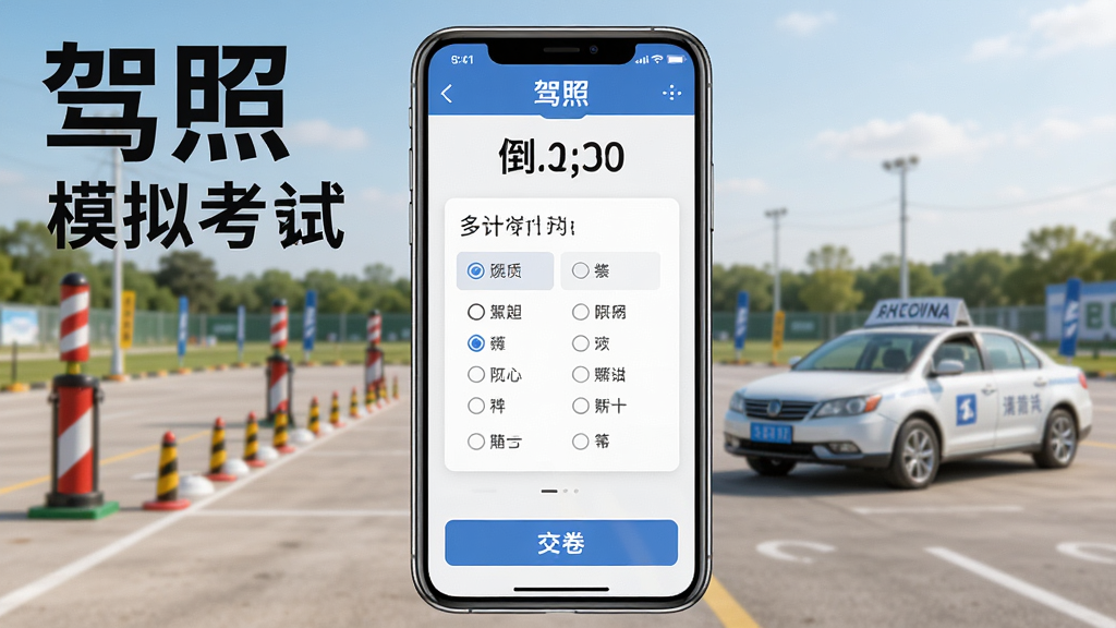 一张展示驾照APP模拟考试界面的图片,画面是手机屏幕显示考试倒计时和答题卡,屏幕中央有一道多选题,底部有“交卷”按钮。背景是驾校训练场场景,远处有教练车和标杆,风格明亮,画质清晰,图片中文字包含“驾照”和“模拟考试”字样。