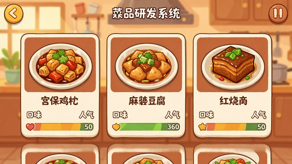 手机游戏界面展示菜品研发系统,画面中排列着多张菜品卡片,包括宫保鸡丁、麻婆豆腐、红烧肉等中式菜肴,每张卡片下方显示口味、人气、收益等数值条,界面风格为卡通扁平化设计,背景为暖色厨房场景,文字标注清晰,画质干净,无多余元素