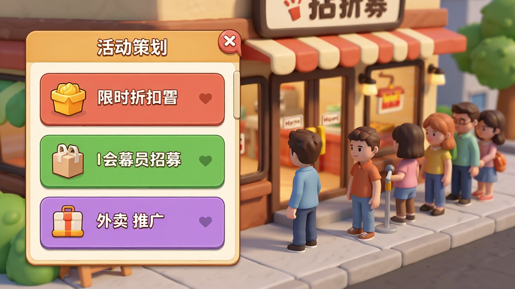 模拟经营游戏营销活动界面,画面中展示一张活动策划面板,包含限时折扣、会员招募、外卖推广等选项,背景为饭店门口排队场景,顾客络绎不绝,风格为卡通写实,色彩鲜艳,布局清晰,画质干净,无多余元素