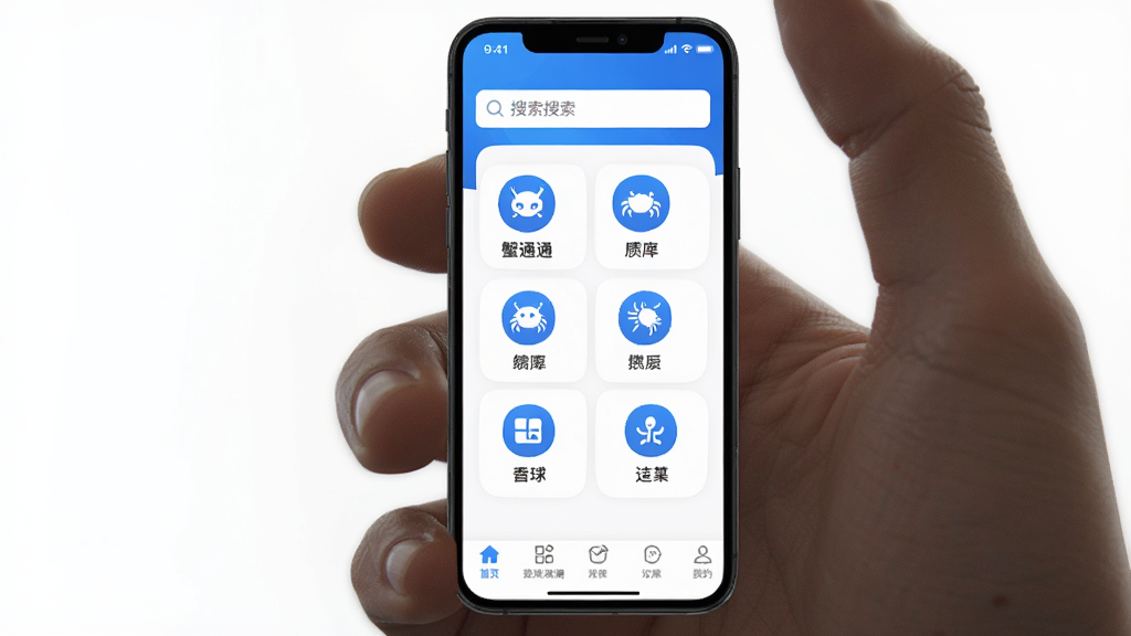 手机屏幕上显示“蟹通通”应用主界面,界面布局为顶部搜索栏,中部为功能图标网格,底部为导航菜单,整体采用蓝白配色,风格简洁现代,细节清晰,画质高清,干净无多余元素