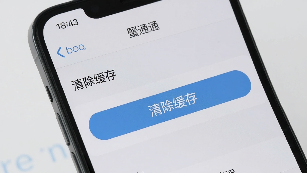 手机屏幕显示“蟹通通”设置界面中的存储管理页面,有清除缓存按钮,背景为浅灰色,风格简约,细节清晰,画质高清,无多余元素