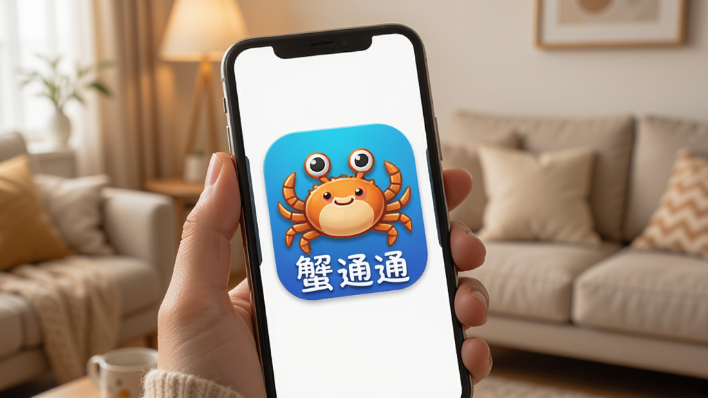 一只手拿着手机,手机屏幕上显示“蟹通通”应用的大图标界面,图标醒目,文字清晰,背景为柔和的家居环境,风格温馨,画质细腻,无多余装饰