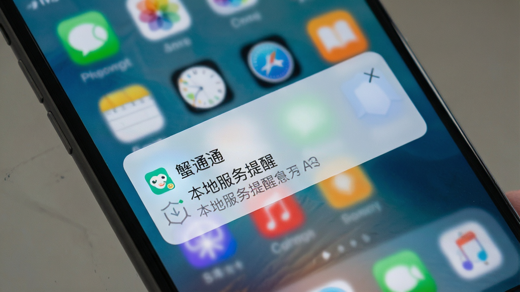 手机屏幕显示“蟹通通”推送通知界面,通知卡片上写有“本地服务提醒”字样,背景为手机桌面,风格写实,细节清晰,画质高清,干净整洁