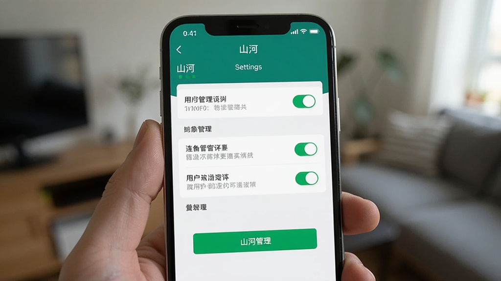 一幅展示用户正在使用“山河”应用的手机界面特写图。画面聚焦于手机屏幕,屏幕上显示“山河”应用的设置或权限管理页面,有清晰的开关按钮和文字说明。手机握在手中,背景为模糊的室内环境。整体风格写实、清晰,突出应用的操作细节。画质干净,无多余干扰元素。