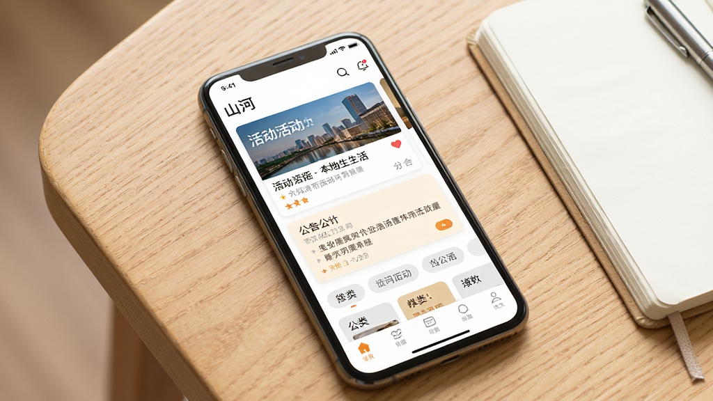 一张展示“山河”应用内本地生活信息聚合页面的界面截图风格图片。画面以手机屏幕为主体,屏幕内显示“山河”应用的信息列表,包含活动卡片、公告条目和分类标签。手机放置在一张浅色木纹桌面上,旁边有一杯咖啡和一本笔记本,营造日常使用场景。整体色调温暖、明亮,风格写实且干净,突出应用的实用性与生活气息。画质高清,无杂乱背景元素。