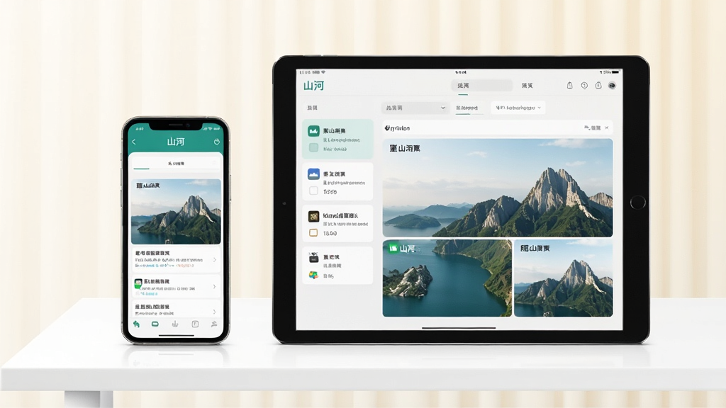 一幅表现“山河”应用轻量化运行与多设备适配的概念图。画面中同时出现一部智能手机和一台平板电脑,两台设备屏幕上都显示着“山河”应用的界面,界面布局根据屏幕尺寸自适应调整。设备放置在干净的白色桌面上,背景为浅色渐变。整体风格简洁、现代,突出应用的兼容性与轻量特性。画质高清,无多余元素。