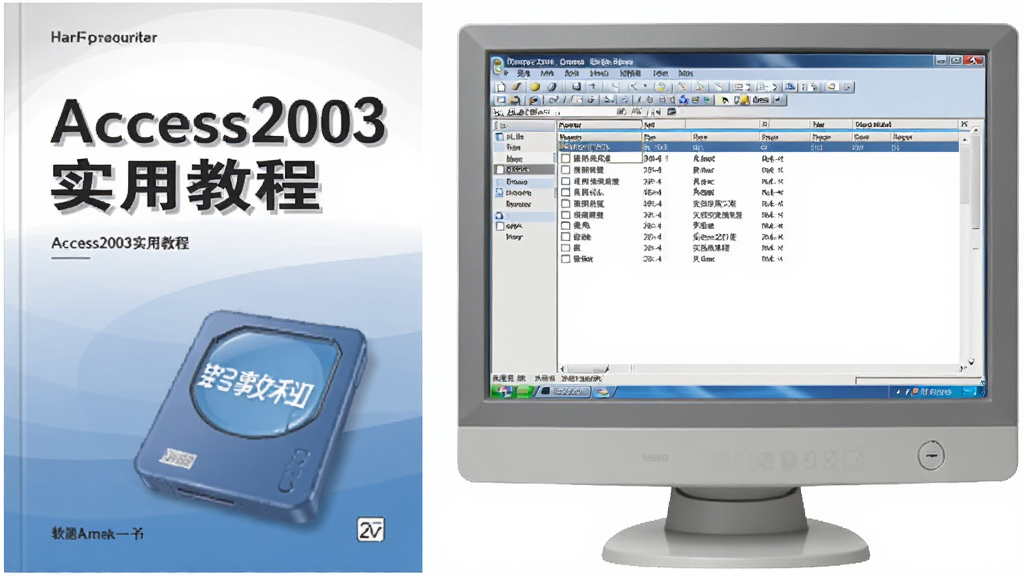 Access2003实用教程书本封面与电脑屏幕上的宏设计界面并排展示,书本上有