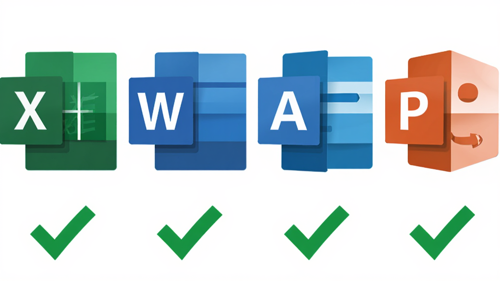 �������ĸ����ŵ�OfficeӦ��ͼ��ֱ���Excel��Word��Access��PowerPoint�����ֳ�һ���ſ������Ϊ��ƽ����Լ��ƣ�ϸ����ÿ��ͼ���·�����һ����ɫ�ĶԹ���ǣ������������ɾ��޶���Ԫ�أ�������