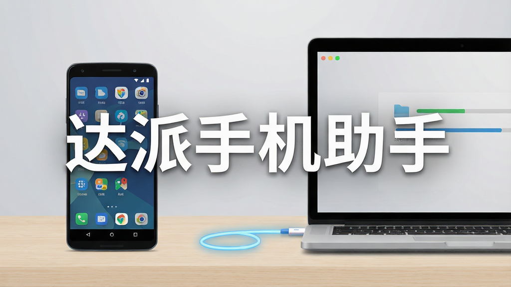 主画面为一部安卓手机与一台笔记本电脑并排放在浅色桌面上,中间用一条发光数据线连接,屏幕上显示“达派手机助手”六个白色大字,背景为干净浅灰渐变,整体布局居中对称,风格为扁平科技感,细节包括手机屏幕显示应用图标网格、电脑屏幕显示文件传输进度条,画质清晰,干净,无多余元素