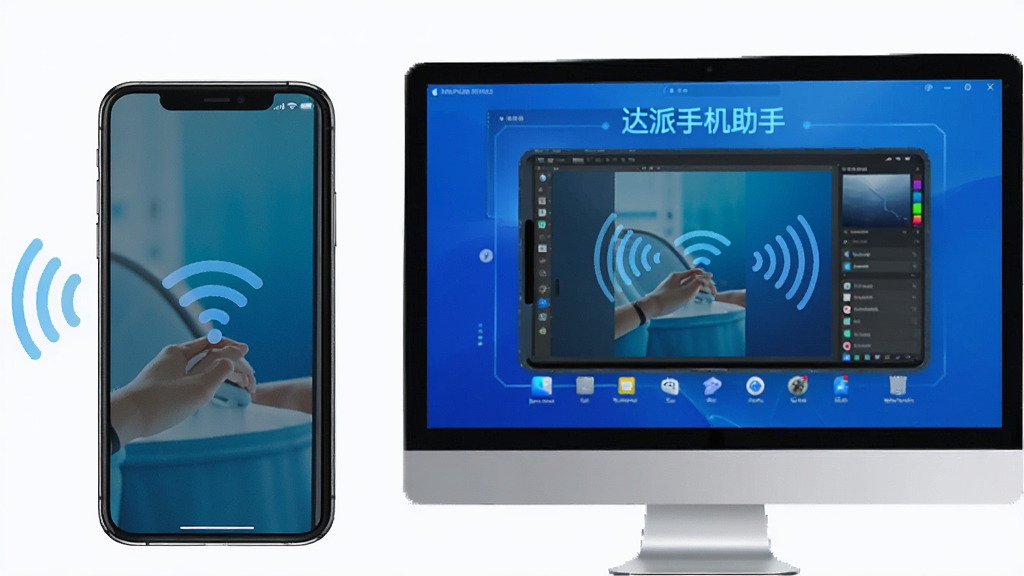 主体为一部手机屏幕内容同步显示在电脑大屏上,电脑屏幕中显示“达派手机助手”镜像窗口,布局为左手机右电脑,风格为科技蓝调,细节包括镜像画面清晰、有无线信号波纹,画质清晰,干净,无多余元素