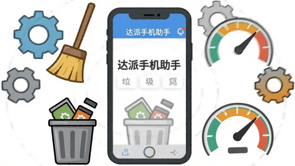 画面中央为一部手机,周围环绕齿轮、扫帚、速度表等图标,手机屏幕显示“达派手机助手”清理界面,布局为环绕式,风格为扁平卡通,细节包括垃圾文件被吸入垃圾桶、速度表指针上扬,画质清晰,干净,无多余元素