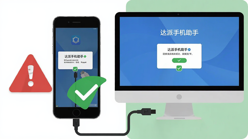 画面为一部手机与一台电脑连接,电脑屏幕显示“达派手机助手”连接成功界面,画面一侧有红色警示标志和绿色对勾图标,布局为左右对比,风格为扁平警示风,细节包括数据线、授权弹窗、勾选标记,画质清晰,干净,无多余元素