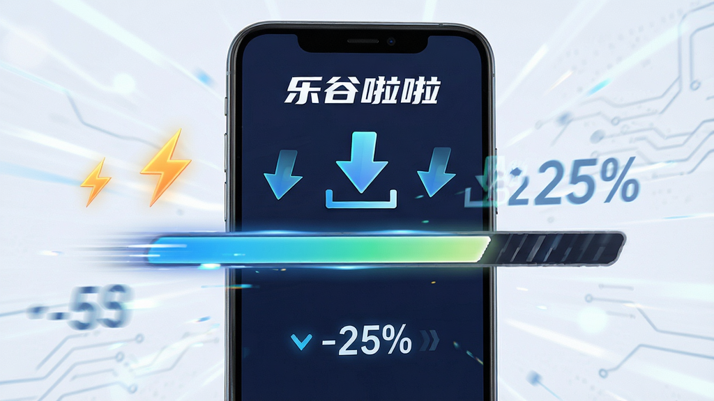 一张展示乐谷啦啦高速下载功能的图片,主体为手机屏幕显示下载进度条飞速前进,布局为居中构图,排版突出速度感,风格为动感科技风,细节包含闪电图标、下载箭头、百分比数字等元素,画面中出现文字