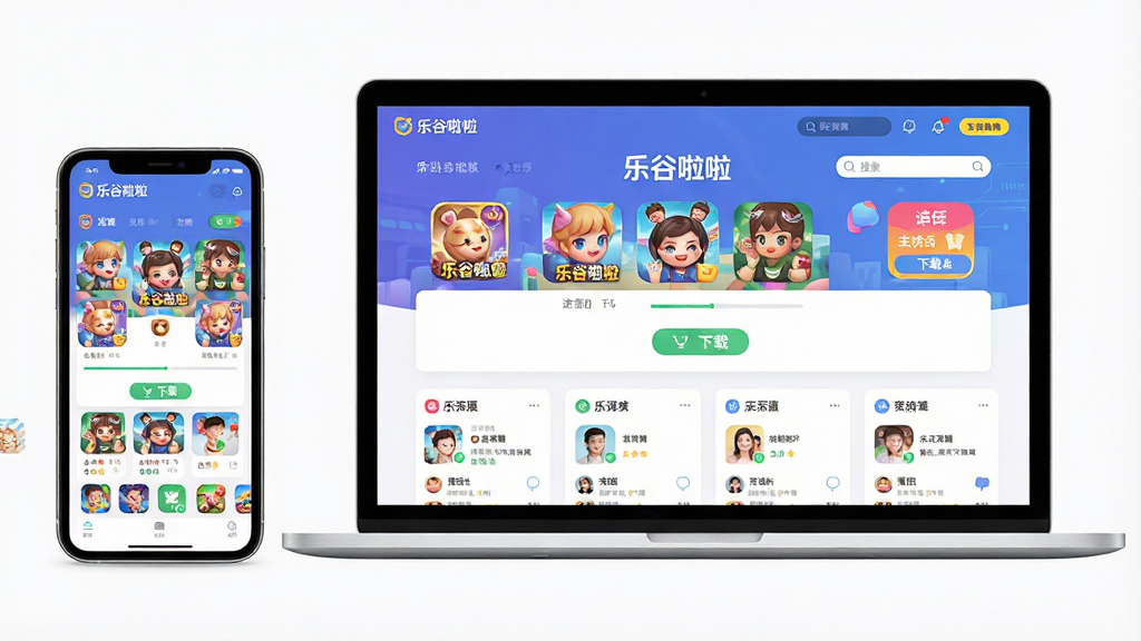 一张展示乐谷啦啦游戏平台全貌的图片,主体为一部智能手机和一台笔记本电脑并排显示,屏幕中呈现乐谷啦啦平台界面,包含游戏图标、下载按钮和社区互动板块,布局简洁清晰,排版居中对称,风格为现代科技感扁平化设计,细节包含彩色游戏封面、进度条、搜索框等元素,画面中出现文字