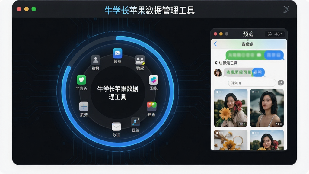画面主体为牛学长苹果数据管理工具的数据恢复界面,布局上中央显示手机扫描进度环,环内显示已扫描出的数据分类图标,右侧为预览窗口,排版采用环形聚焦式设计,风格为深色科技风,细节上扫描环发出蓝色光芒,预览窗口显示短信和照片缩略图,画质为4K超清,画面干净,无多余元素,图片中带有文字“牛学长苹果数据管理工具”和“数据恢复”。