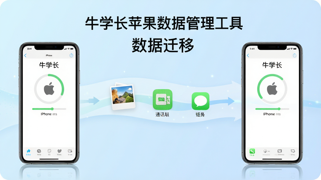画面主体为牛学长苹果数据管理工具的数据迁移界面,布局上左侧为旧iPhone,右侧为新iPhone,中间有数据流从旧机流向新机,数据流中包含照片、通讯录、短信等图标,排版采用横向流动式设计,风格为清新浅色风,细节上两台手机屏幕都显示传输进度,背景为淡蓝色渐变,画质为4K超清,画面干净,无多余元素,图片中带有文字“牛学长苹果数据管理工具”和“数据迁移”。