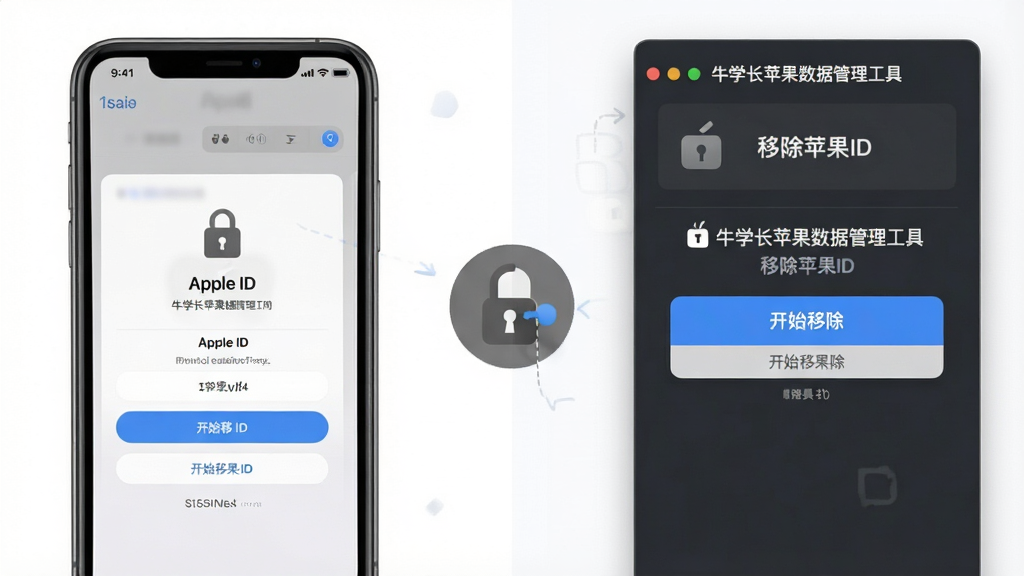 画面主体为牛学长苹果数据管理工具的移除苹果ID功能界面,布局上左侧为手机屏幕显示Apple ID登录页面,右侧为软件操作面板,中间有一个解锁图标,排版采用左右对比式设计,风格为简约商务风,细节上软件面板有“开始移除”按钮,手机屏幕有锁形图标被打开,画质为高清,画面干净,无多余元素,图片中带有文字“牛学长苹果数据管理工具”和“移除苹果ID”。