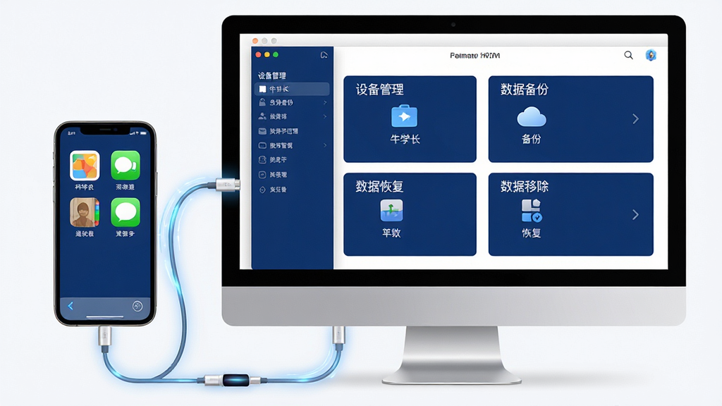一张展示牛学长苹果数据管理工具软件界面的全景图,主体是电脑屏幕上打开的软件窗口,左侧连接着一部iPhone手机,屏幕中显示着照片、通讯录、短信等数据图标,界面布局清晰分为设备管理、数据备份、数据恢复、数据移除四大模块,排版采用左右分栏设计,风格为现代科技感简约风,细节上软件界面采用深蓝色与白色配色,图标精致,手机与电脑之间有数据线连接并带有数据流动的光效,画质为4K超清,画面干净整洁,无多余元素,整体呈现出专业、安全、高效的数据管理氛围。