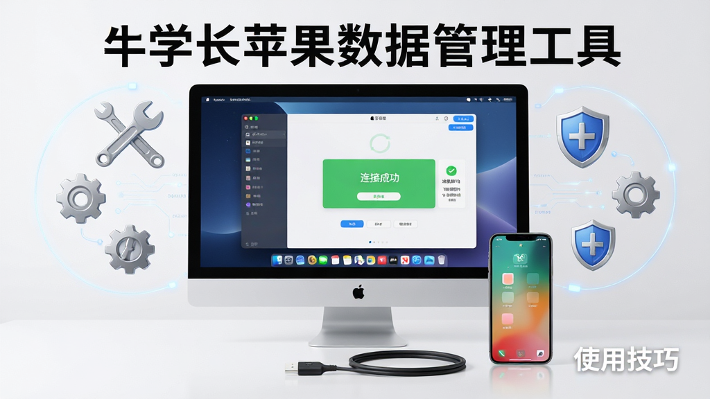 画面主体为牛学长苹果数据管理工具的操作场景图,布局上中央为电脑屏幕显示软件运行界面,屏幕前方放置一部iPhone和一根数据线,周围有扳手、齿轮、盾牌等工具图标,排版采用环绕式构图,风格为写实科技风,细节上软件界面显示“连接成功”提示,手机屏幕亮起,画质为4K超清,画面干净,无多余元素,图片中带有文字“牛学长苹果数据管理工具”和“使用技巧”。