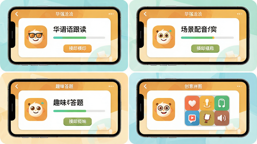一张展示“华强洽洽”互动玩法多样性的宣传图,画面由四个小方格组成,分别展示台词跟读、场景配音、趣味答题和创意拼图四个模块的界面截图,布局为2x2网格排列,风格统一为清新明快的扁平化设计,细节包括每个模块的图标、进度条和操作按钮,画质高清,干净整洁,无多余装饰