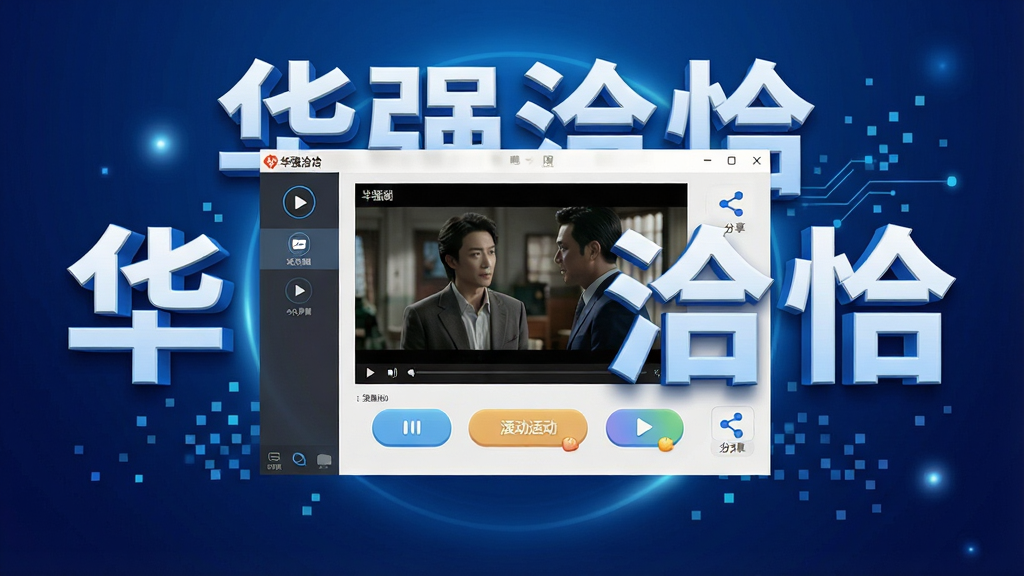 一张以“华强洽洽”软件为主题的科技感宣传图,画面中央是软件主界面截图,界面中展示经典的影视互动场景与趣味按钮,周围环绕着“华强洽洽”四个立体大字,背景为深蓝色渐变,点缀着光晕与像素粒子,布局采用居中对称式,排版清晰,风格现代科技感十足,细节包括界面上的播放按钮、互动选项和分享图标,画质高清,干净整洁,无多余元素