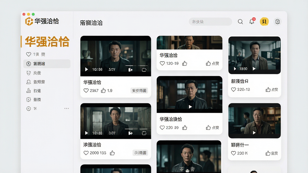 一张展示“华强洽洽”个性化内容推荐功能的界面图,画面中心是软件首页的卡片流推荐列表,每张卡片上展示不同的影视片段缩略图和标题,卡片以瀑布流形式排列,布局错落有致,风格为现代简约的浅色系设计,细节包括卡片上的播放时长、点赞数和标签,画质高清,干净无多余元素
