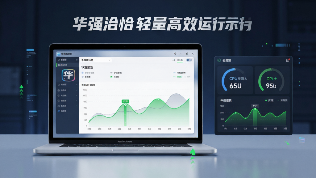 一张展示“华强洽洽”轻量高效运行特点的示意图,画面主体是一台笔记本电脑,屏幕上显示软件运行界面,旁边配有性能监控仪表盘,显示CPU和内存占用处于低位,布局为居中构图,风格为科技感的数据可视化风格,细节包括流畅的曲线图和绿色的低占用指标,画质清晰,干净无杂乱元素