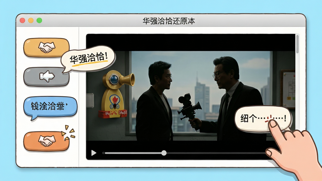 一张展示“华强洽洽”经典名场面还原功能的场景图,画面主体是软件界面中播放的经典影视片段截图,画面一侧是互动按钮和台词气泡,另一侧是用户操作的手势示意,布局采用左右分栏,风格为轻松活泼的卡通渲染,细节包括影视画面中的标志性道具和人物剪影,画质清晰明亮,干净无杂乱元素