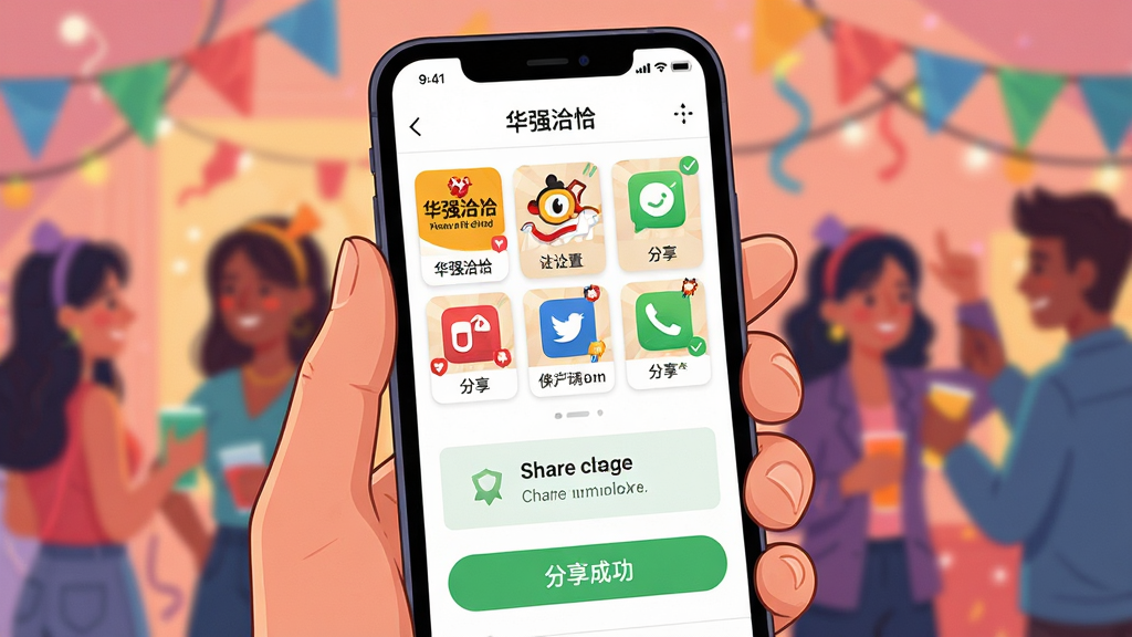 一张展示“华强洽洽”社交分享功能的场景图,画面中一只手拿着智能手机,手机屏幕上显示分享界面,界面中有多个社交平台图标和分享按钮,背景是模糊的派对场景,布局为特写构图,风格为明亮鲜艳的插画风格,细节包括手机屏幕上的作品缩略图和分享成功提示,画质高清,干净无多余元素