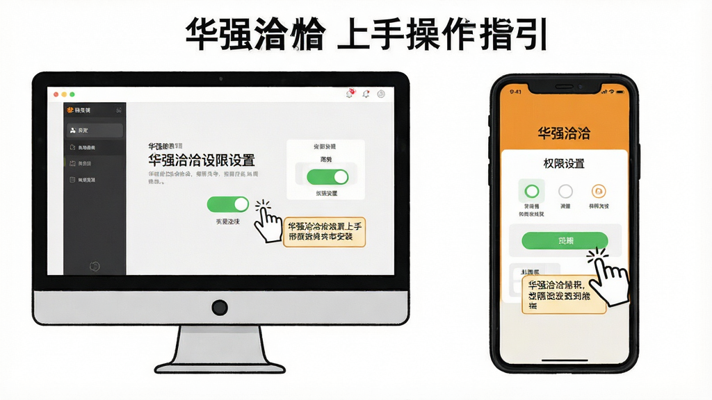 一张展示“华强洽洽”上手操作指引的示意图,画面主体是电脑屏幕和手机屏幕并排展示,屏幕上分别显示软件安装界面和权限设置界面,布局为左右对比式,风格为简洁明了的教程插画风格,细节包括鼠标点击手势、权限开关图标和提示文字框,画质清晰,干净无多余元素