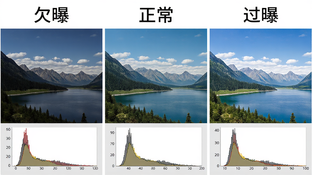 Artizen HDR多曝光合成功能展示图,主体为三张不同曝光的同一风景照片并排排列,布局为左中右三栏,排版上方标注“欠曝”“正常”“过曝”,风格为写实摄影教学图,细节包含每张照片下方有对应直方图,画质清晰干净无多余元素