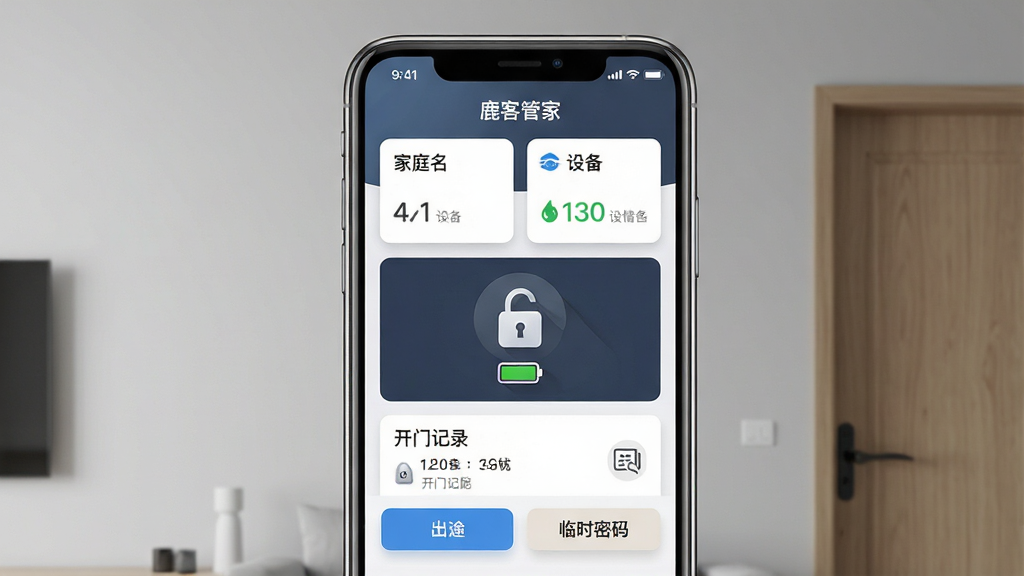 一张展示智能手机屏幕的图片,屏幕中央显示“鹿客管家”应用主界面,界面布局清晰,上方是家庭名称与设备状态卡片,中部有智能门锁图标和电量显示,下方排列开门记录与临时密码快捷按钮。背景为现代简约家居环境,浅灰色墙面与木质门框,光线柔和。风格为写实科技风,细节包括手机边框反光、图标阴影、界面文字清晰可见。画质高清,干净整洁,无多余元素。