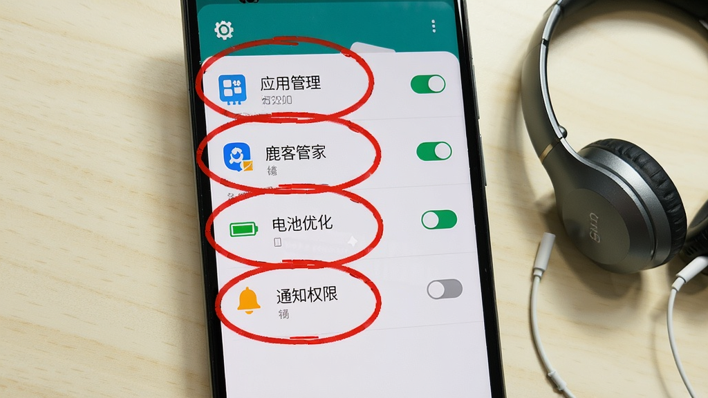 一张展示安卓手机设置界面的图片,屏幕中依次排列“应用管理”“鹿客管家”“电池优化”“通知权限”等选项,部分选项被红色圆圈标注强调。背景为浅色桌面,旁边放着一副耳机。风格为教程截图风,细节包括设置图标、开关状态、文字清晰。画质高清,干净无多余元素。