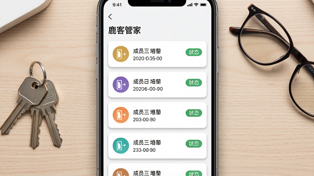 一张展示“鹿客管家”应用开门记录页面的图片,手机屏幕竖向排列多条记录卡片,每条卡片左侧有开门方式图标,中间显示时间和成员名称,右侧有状态标签。背景为浅色木纹桌面,旁边放着一串钥匙和一副眼镜。风格清新简洁,细节包括卡片阴影、图标颜色区分、文字清晰。画质高清,干净无多余元素。