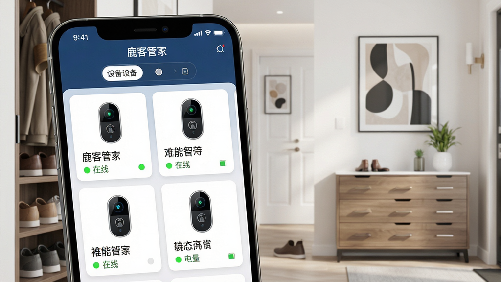 一张展示“鹿客管家”应用多设备管理界面的图片,手机屏幕上方有设备切换标签,下方以网格形式排列多个智能锁和猫眼设备卡片,每个卡片显示设备名称、在线状态和电量。背景为现代家居玄关,有鞋柜和装饰画,光线明亮。风格写实科技感,细节包括设备图标、状态指示灯、界面层次。画质高清,干净无多余元素。