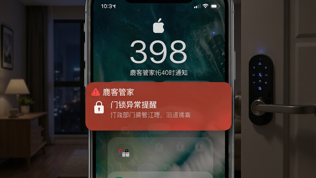 一张展示手机收到“鹿客管家”安全告警通知的图片,锁屏界面弹出红色警示卡片,文字显示“门锁异常提醒”,背景是夜晚家居环境,门锁上有微弱指示灯。风格略带紧张感但整体干净,细节包括通知卡片阴影、时间显示、手机边框。画质高清,无多余元素。