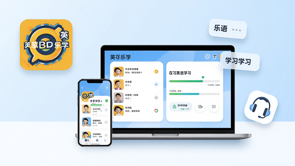 英孚乐学软件主界面展示,画面中央放置一台智能手机与一台笔记本电脑,屏幕上显示英语课程列表与学习进度条,背景为浅蓝色渐变,左侧有英孚乐学标志性图标,右侧漂浮单词卡片与耳机图标,整体布局简洁明快,风格为现代教育科技风,细节包括柔和的投影与圆角卡片,画质清晰干净,无多余元素,图片中文字标注