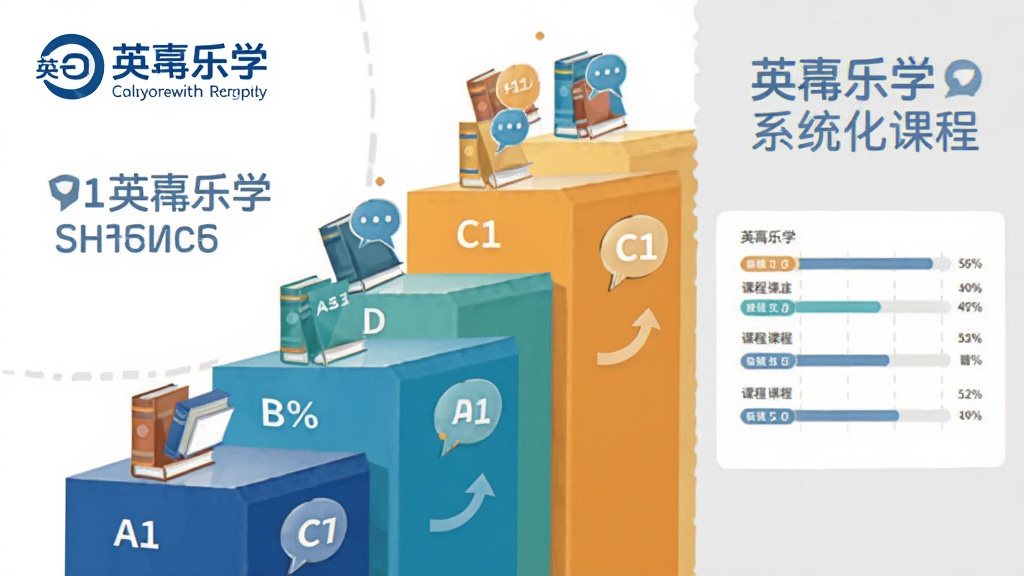 英孚乐学课程体系界面截图,画面展示多层阶梯状课程模块,从A1到C1级别依次排列,每层台阶上放置不同颜色的书本与对话气泡图标,背景为白色与浅灰色搭配,左侧有英孚乐学Logo,右侧有水平测试结果图表,风格为扁平化教育插画,细节包括清晰的进度百分比与课程标签,画质干净清晰,无多余装饰,图片中文字标注