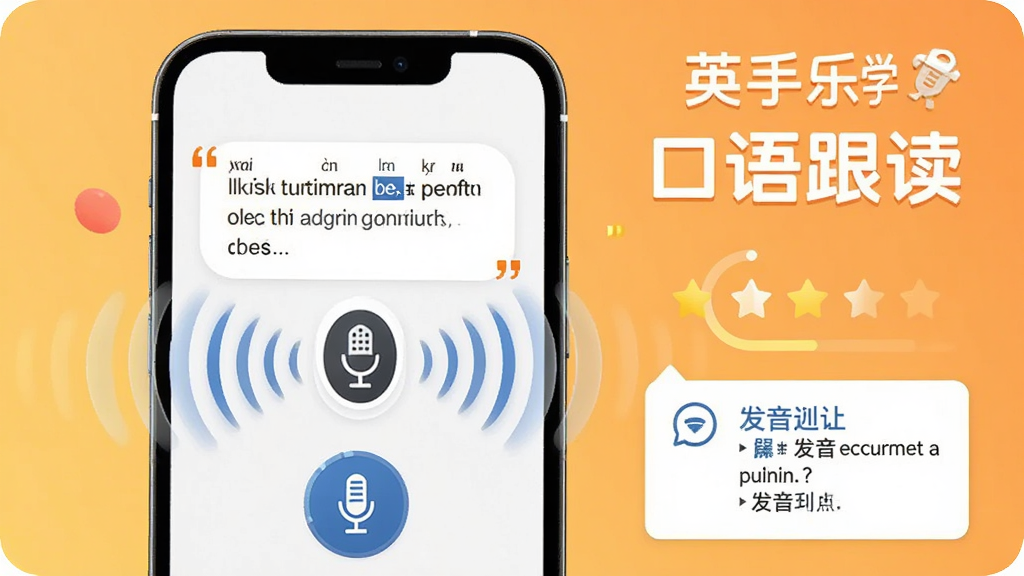 英孚乐学口语跟读功能展示,画面中央为手机屏幕特写,屏幕上显示一段英文对话与麦克风图标,声波图案从麦克风向外扩散,右侧有评分星星与发音纠正提示框,背景为柔和的橙黄色渐变,风格为活泼的学习工具界面,细节包括清晰的音标标注与进度环,画质明亮干净,无杂乱元素,图片中文字标注