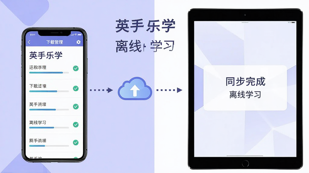 英孚乐学离线学习功能示意图,画面左侧为手机显示下载管理列表,右侧为平板显示同步完成提示,中间用虚线箭头连接云朵图标,背景为淡紫色与白色拼接,风格为简洁科技风,细节包括下载进度条与勾选标记,画质清晰干净,无多余元素,图片中文字标注