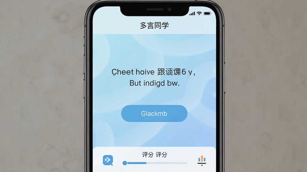 一张展示多言同学软件主界面的手机屏幕截图,画面中央是英语跟读练习界面,顶部显示软件名称“多言同学”,中部有英文句子和跟读按钮,底部有评分反馈区域,背景为浅蓝色渐变,整体风格清新简洁,画质清晰,干净无多余元素