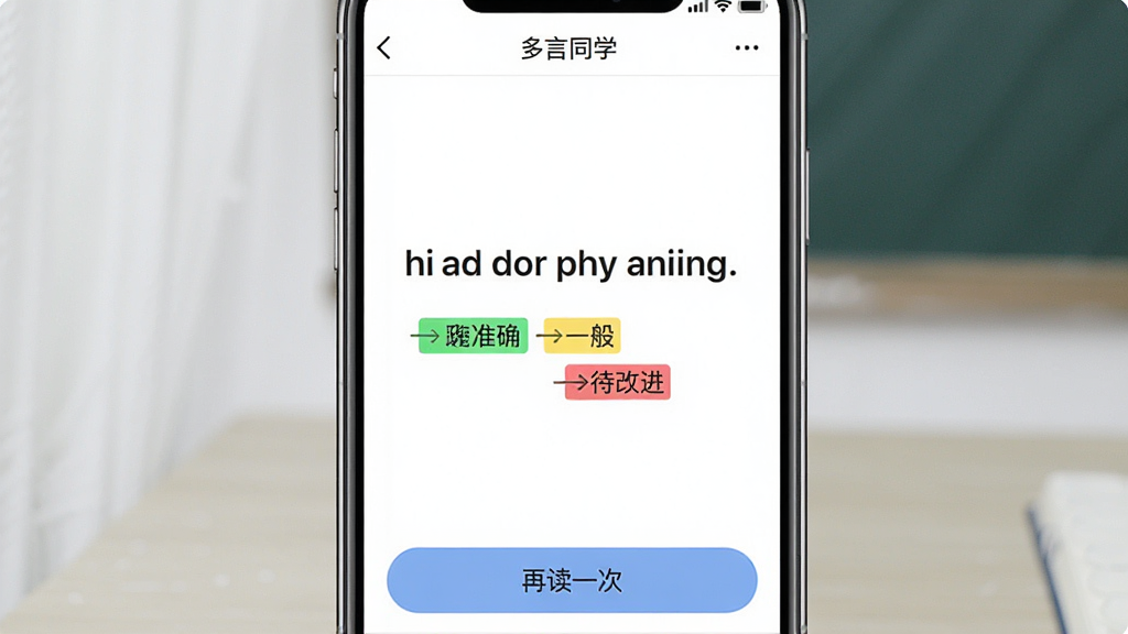 一张展示多言同学智能跟读评测功能的界面截图,手机屏幕中央显示一句英文和彩色标注的发音评分,绿色代表准确、黄色代表一般、红色代表待改进,界面底部有“再读一次”按钮,背景为白色,风格干净整洁,画质清晰,软件名称“多言同学”显示在顶部