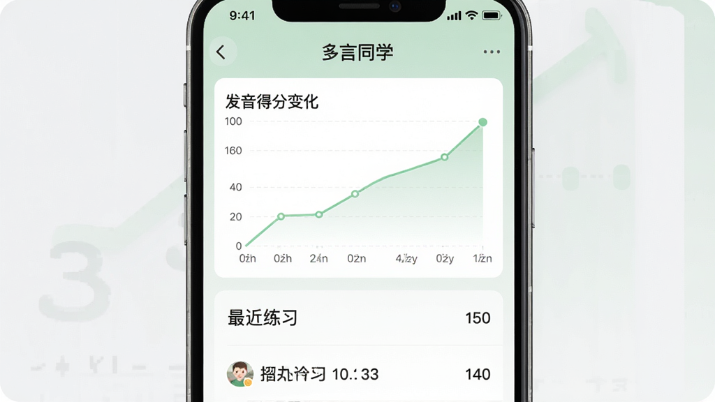 一张展示多言同学学习记录追踪页面的手机截图,画面中有一条上升的折线图表示发音得分变化,下方列出最近练习的句子和得分,界面配色柔和,以浅绿色和白色为主,顶部显示“多言同学”字样,画质清晰,排版整齐,干净无多余元素