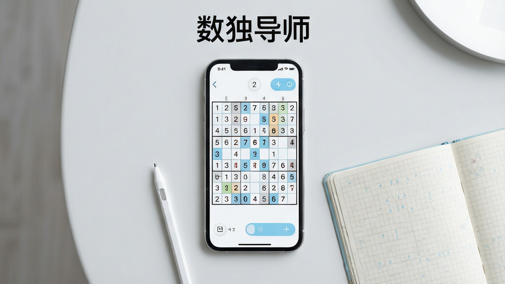 一张竖版手机应用展示图,画面中央是一部现代智能手机,屏幕显示数独导师的九宫格解题界面,格子里有数字和候选数标记,界面主色调为白色与浅蓝色,手机下方摆放一支触控笔和一本打开的方格笔记本,背景为干净浅灰桌面,整体风格清爽简约,排版居中,细节清晰,画质干净无多余元素,图片上方带有文字“数独导师”