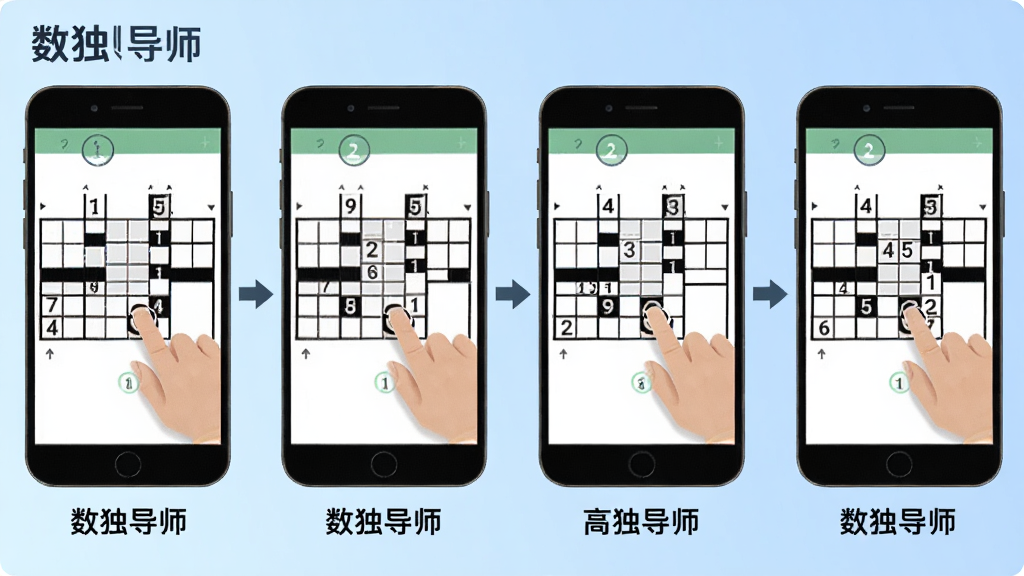 一张手机操作步骤示意图,画面展示数独导师从点击格子到填入数字的四个连续操作画面,用箭头依次连接,每个画面下方有简短文字说明,背景为浅蓝色渐变,风格扁平化教学图示,排版横向排列,细节清晰,画质干净,图片中带有文字“数独导师”
